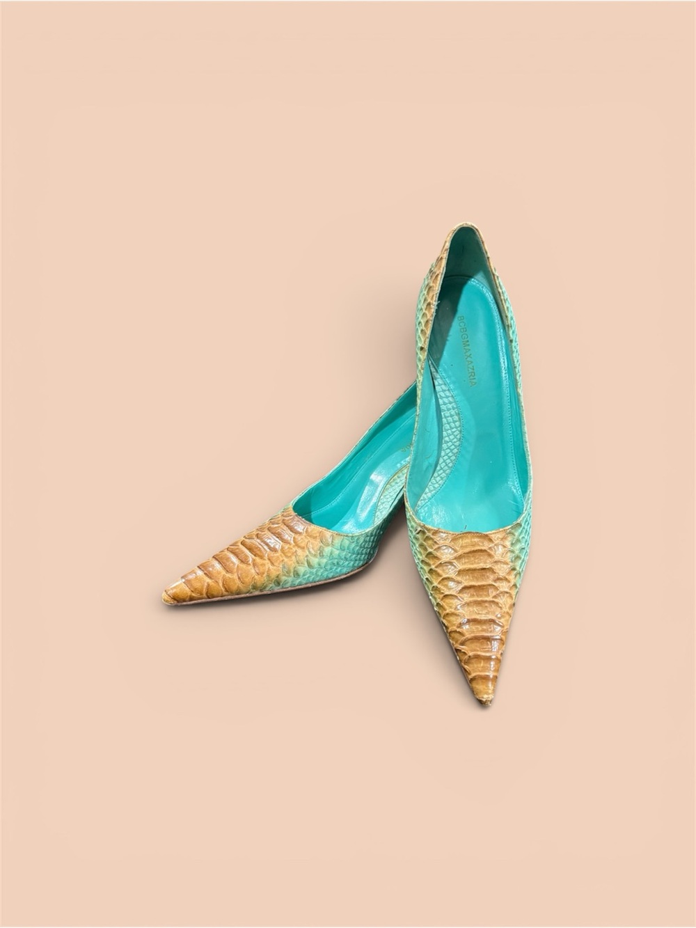 Two-Tone Turquoise and Tan Pointed-Toe Heels